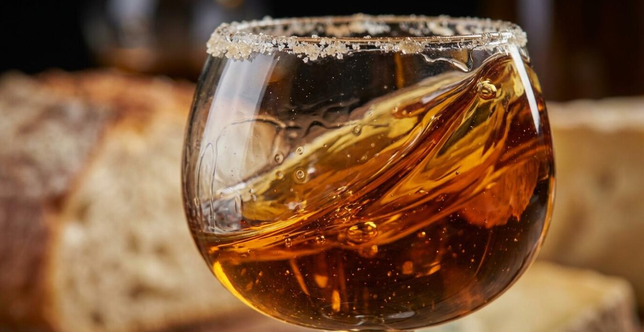 Gros plan artistique sur la texture dorée d'un alcool artisanal dans un verre traditionnel