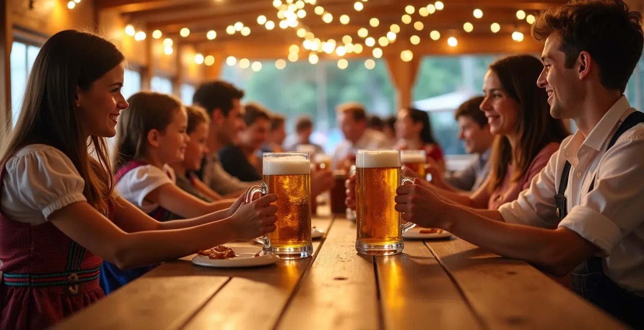 Contraste entre l'ambiance familiale du midi et festive du soir dans une tente de l'Oktoberfest