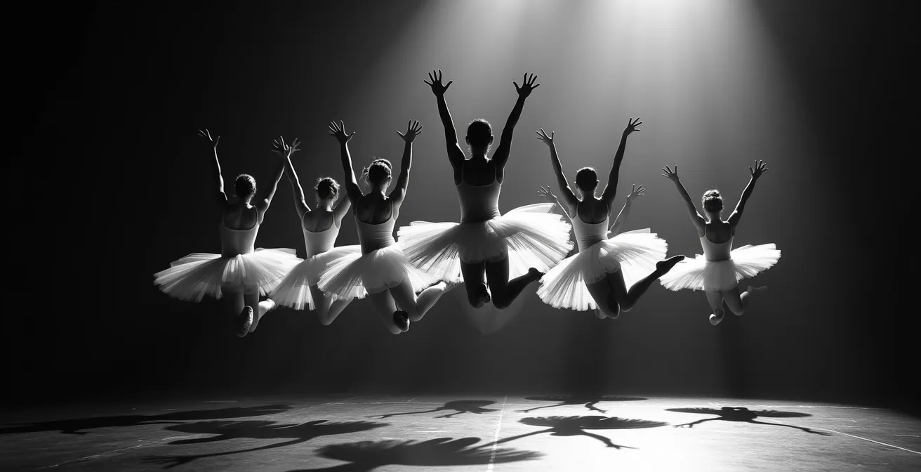 Corps de ballet en parfaite synchronisation capturé dans un mouvement aérien