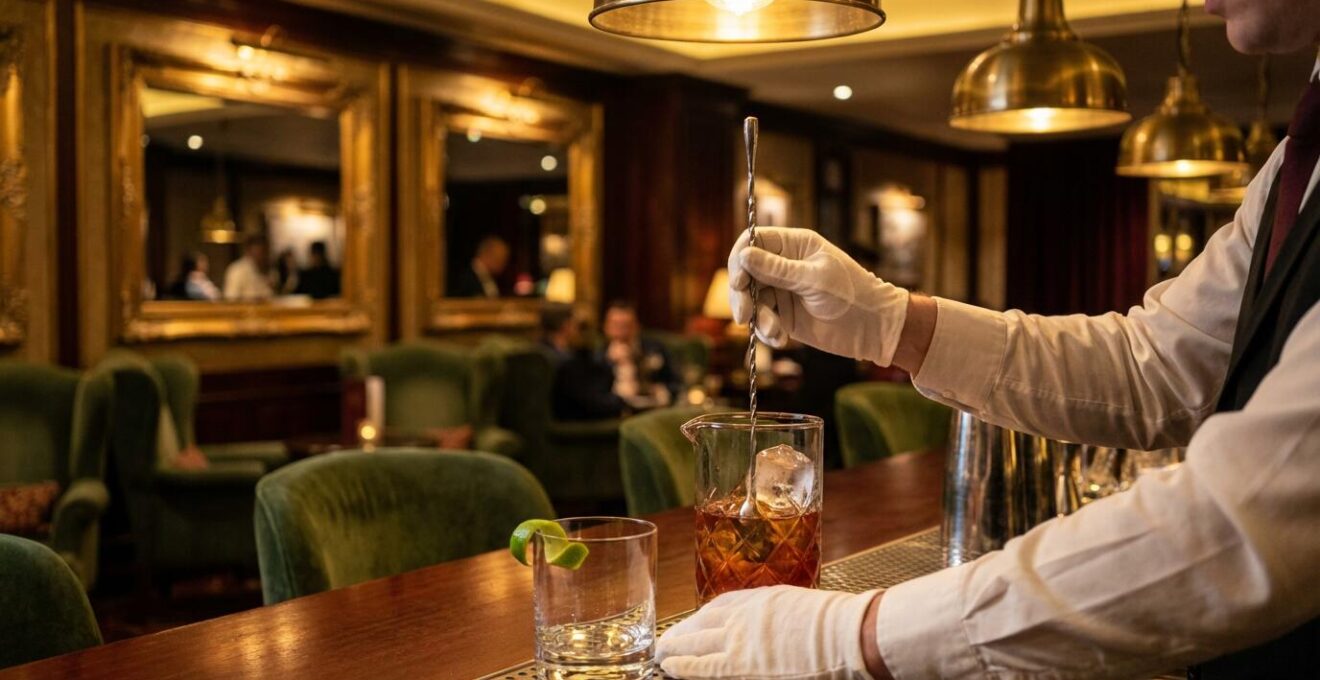 Bar luxueux d'un casino historique européen avec cocktails élégants sur comptoir en marbre et décor Belle Époque