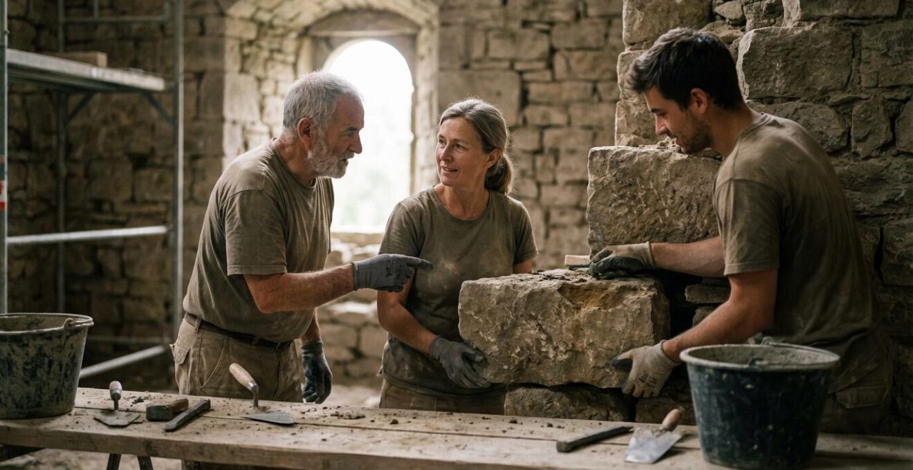 Bénévoles travaillant sur la restauration d'un mur de château médiéval en pierre