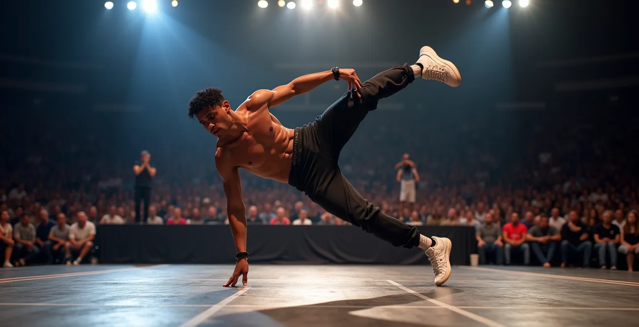 Danseurs de breaking en pleine performance avec juges et système de notation visible en arrière-plan