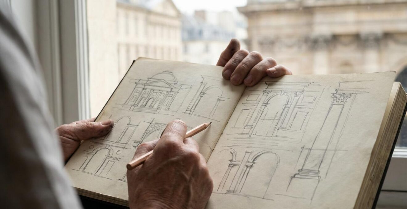 Mains tenant un carnet de croquis architectural devant un bâtiment historique européen