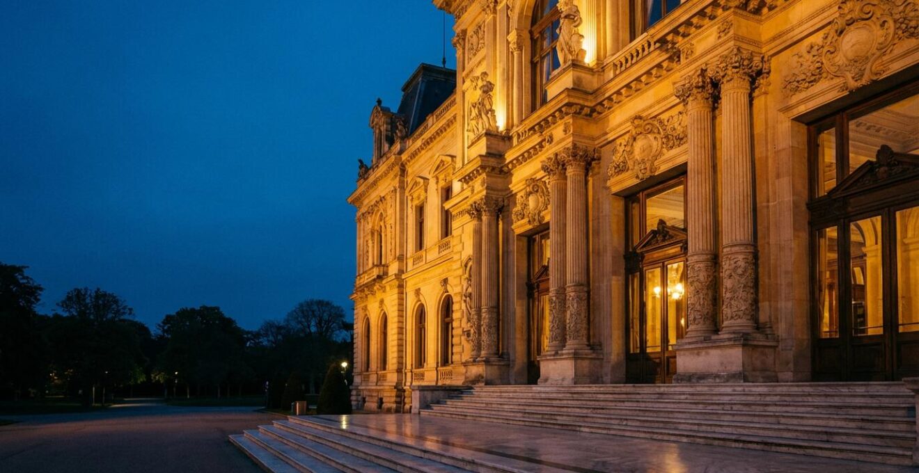 Vue architecturale nocturne du Casino de Monte-Carlo illuminé avec ses dorures et ornements Belle Époque