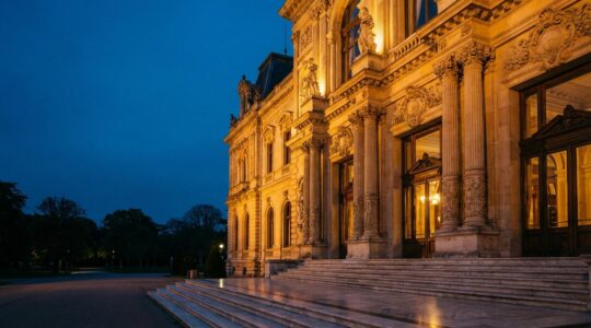 Vue architecturale nocturne du Casino de Monte-Carlo illuminé avec ses dorures et ornements Belle Époque