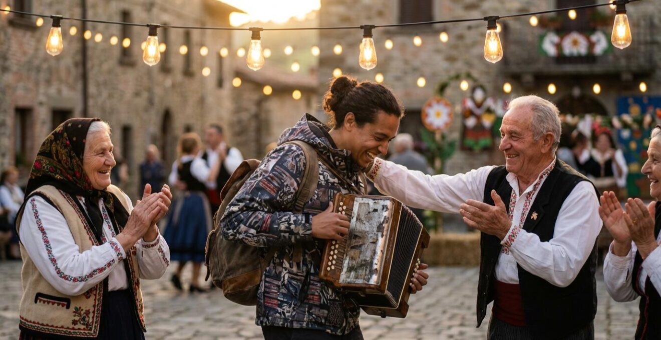Un étranger participe à une fête de village européenne, tenant un instrument traditionnel entouré de locaux souriants