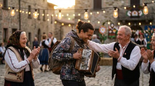 Un étranger participe à une fête de village européenne, tenant un instrument traditionnel entouré de locaux souriants