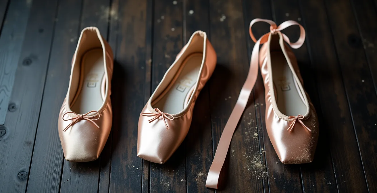 Trois paires de chaussons de pointe alignées montrant différents stades d'usure, du neuf au très usé