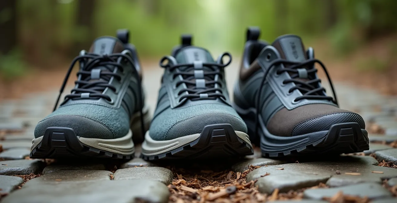 Gros plan sur trois types de chaussures polyvalentes posées sur une surface mixte de pavés et d'herbe de sentier