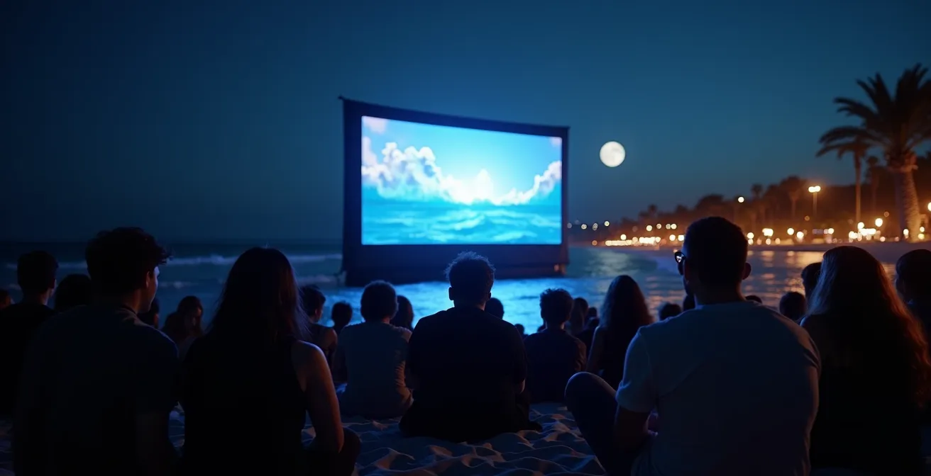 Vue nocturne du Cinéma de la Plage avec spectateurs installés sur transats face à l'écran géant