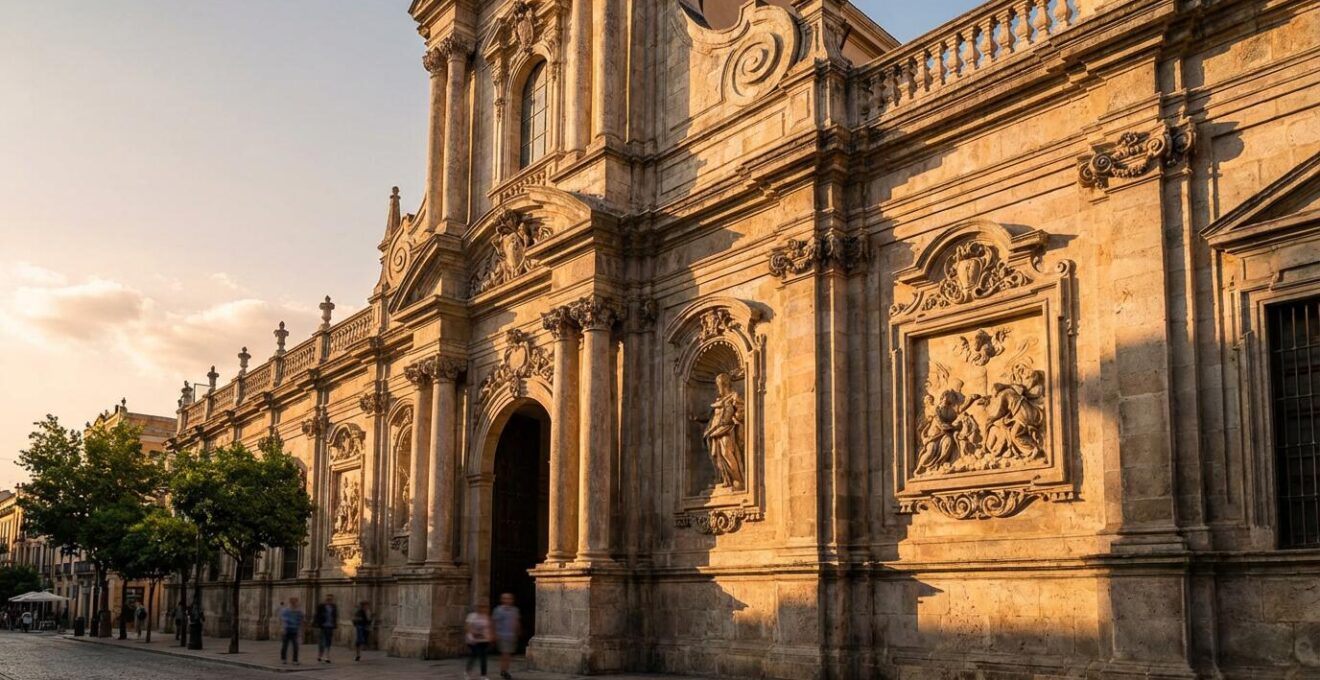 Façade baroque européenne photographiée à l'heure dorée révélant les jeux d'ombres et de lumière sur les détails architecturaux