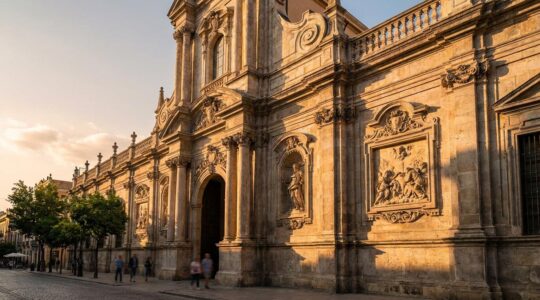 Façade baroque européenne photographiée à l'heure dorée révélant les jeux d'ombres et de lumière sur les détails architecturaux