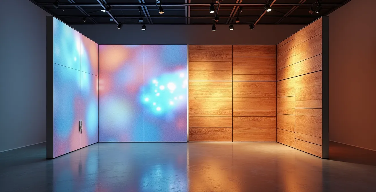 Scène de théâtre divisée montrant d'un côté des panneaux LED et de l'autre des décors en bois recyclé