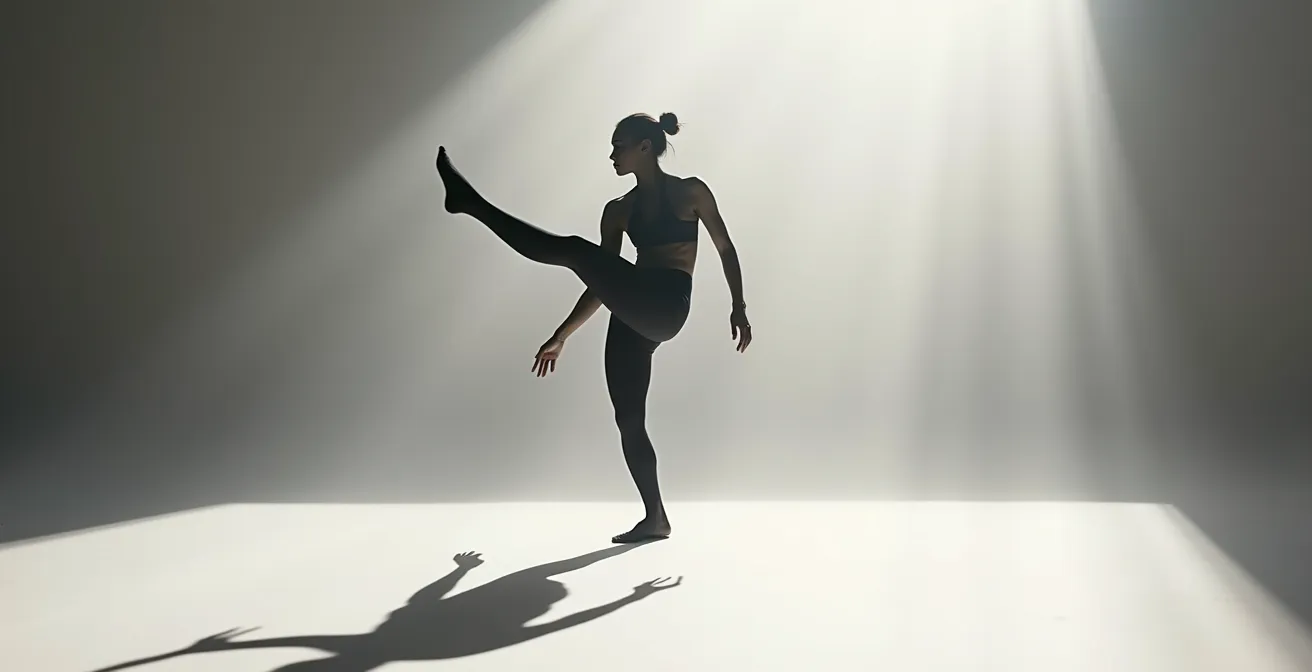 Silhouette abstraite d'un danseur sous éclairage sculptural mettant en valeur les lignes du corps