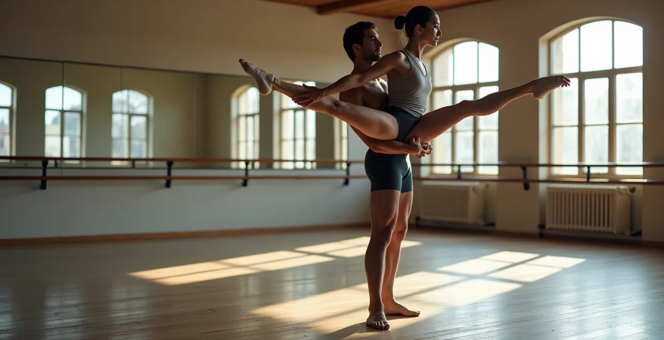 Danseur maintenant sa partenaire en porté aérien, muscles visiblement contractés, concentration intense
