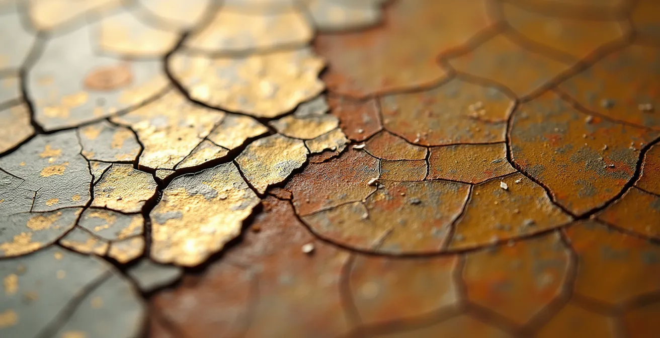 Vue macro de craquelures révélant une zone retouchée sur une peinture ancienne