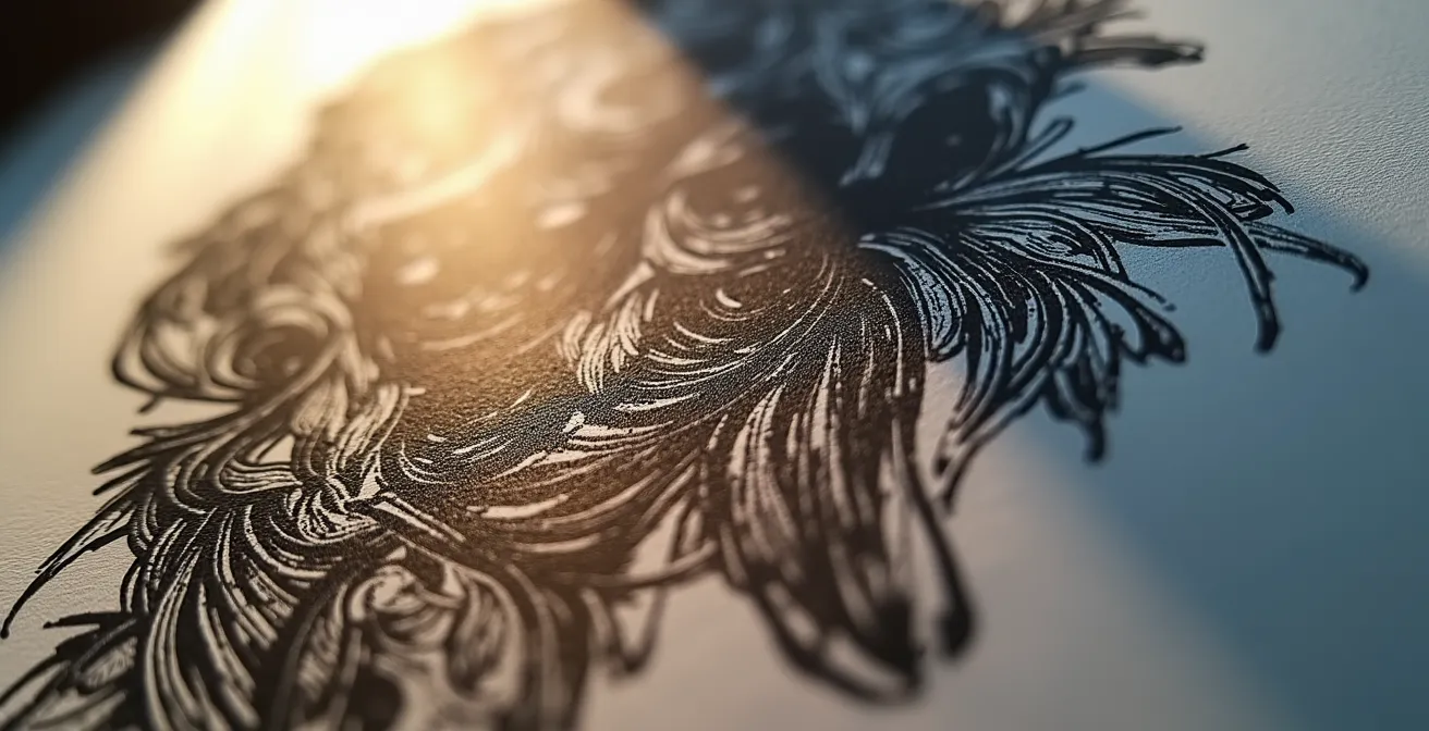 Vue macro détaillée montrant la texture d'une lithographie originale
