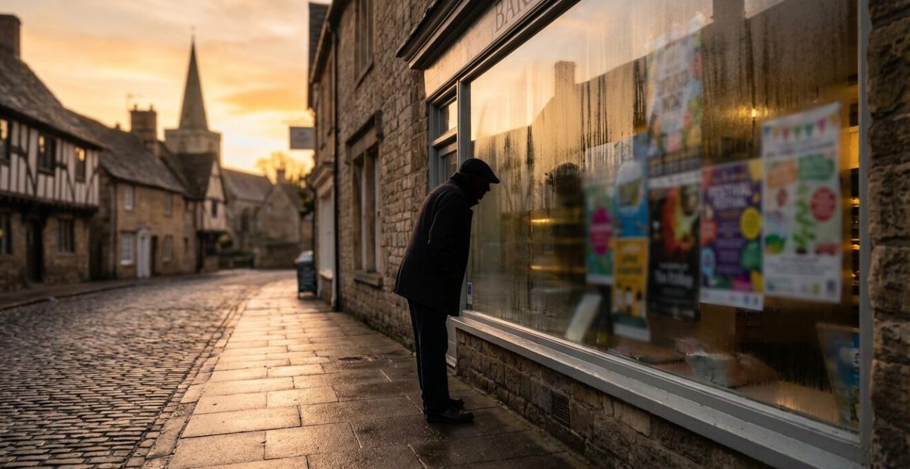 Vue d'une vitrine de boulangerie avec des affiches colorées de fêtes locales partiellement visibles
