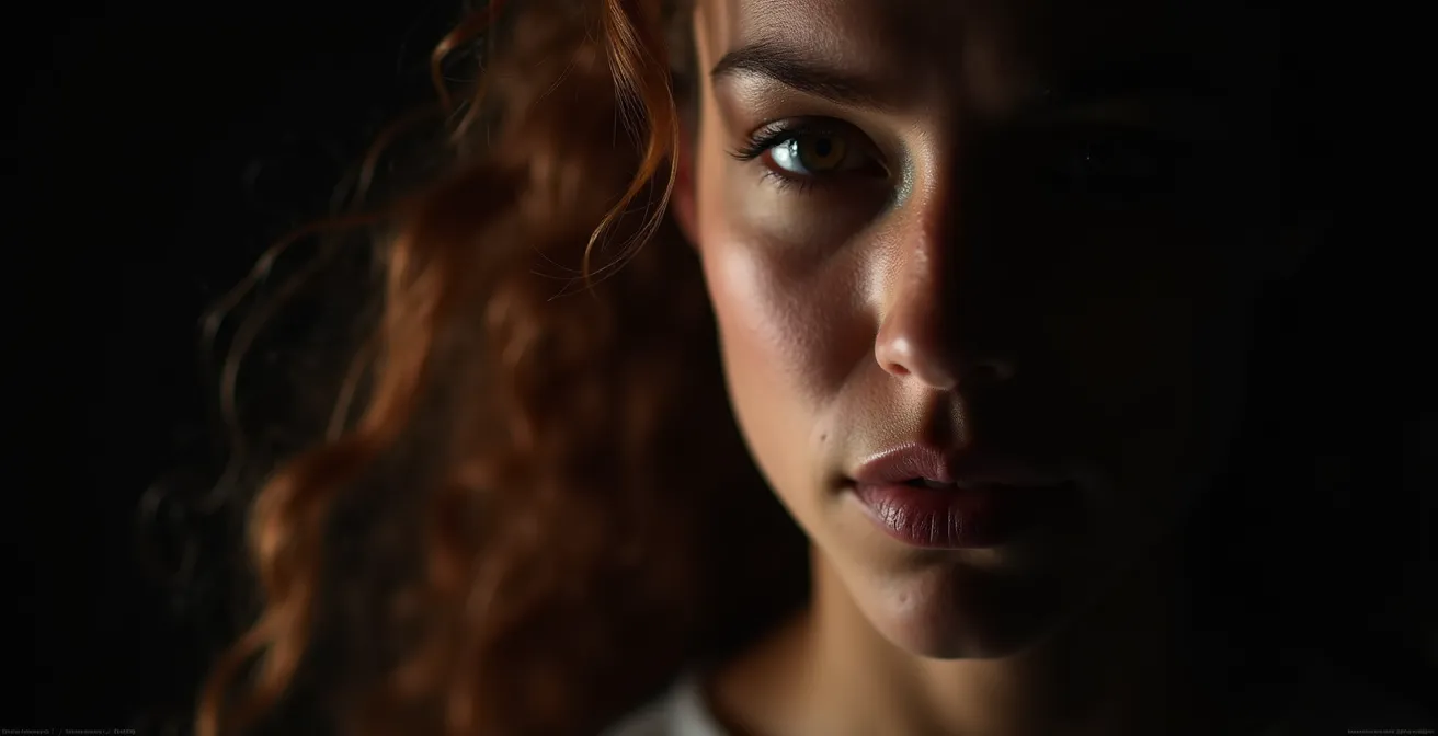 Configuration d'éclairage à trois points créant un triangle de lumière caractéristique sur le visage d'un acteur, évoquant le style Rembrandt.