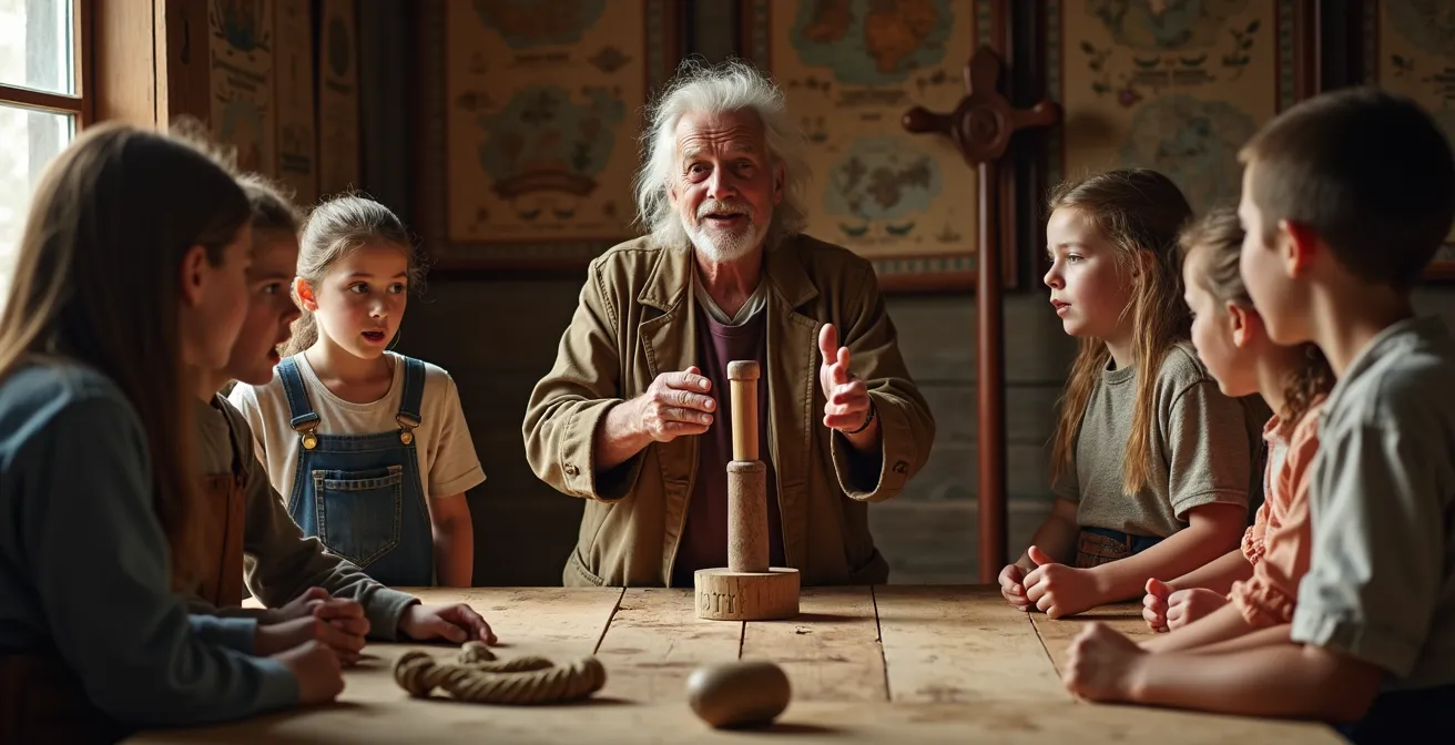 Enfants en cercle écoutant un conteur expliquer l'histoire à travers des jeux traditionnels bavarois