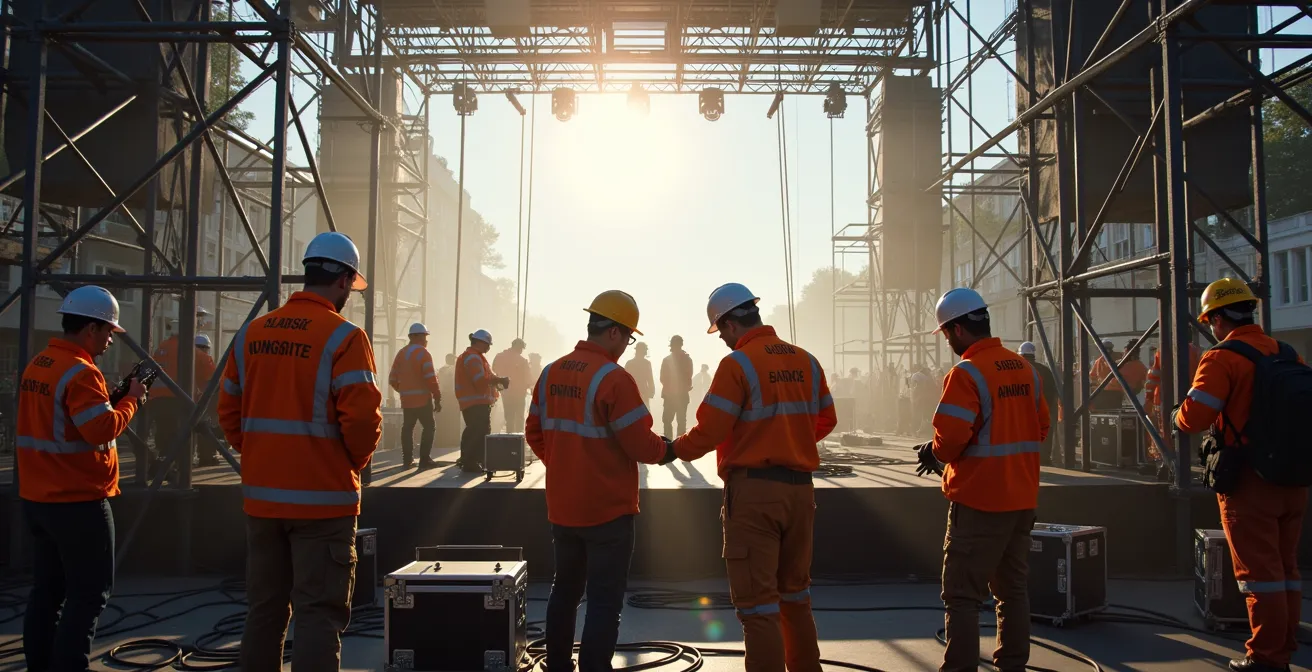 Techniciens professionnels installant des structures de scène complexes avec équipement son et lumière