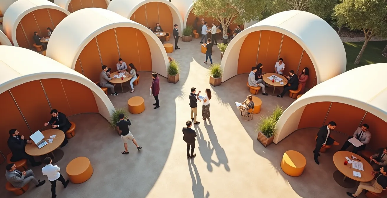 Espace de networking professionnel dans un festival avec entrepreneurs et créateurs en discussion