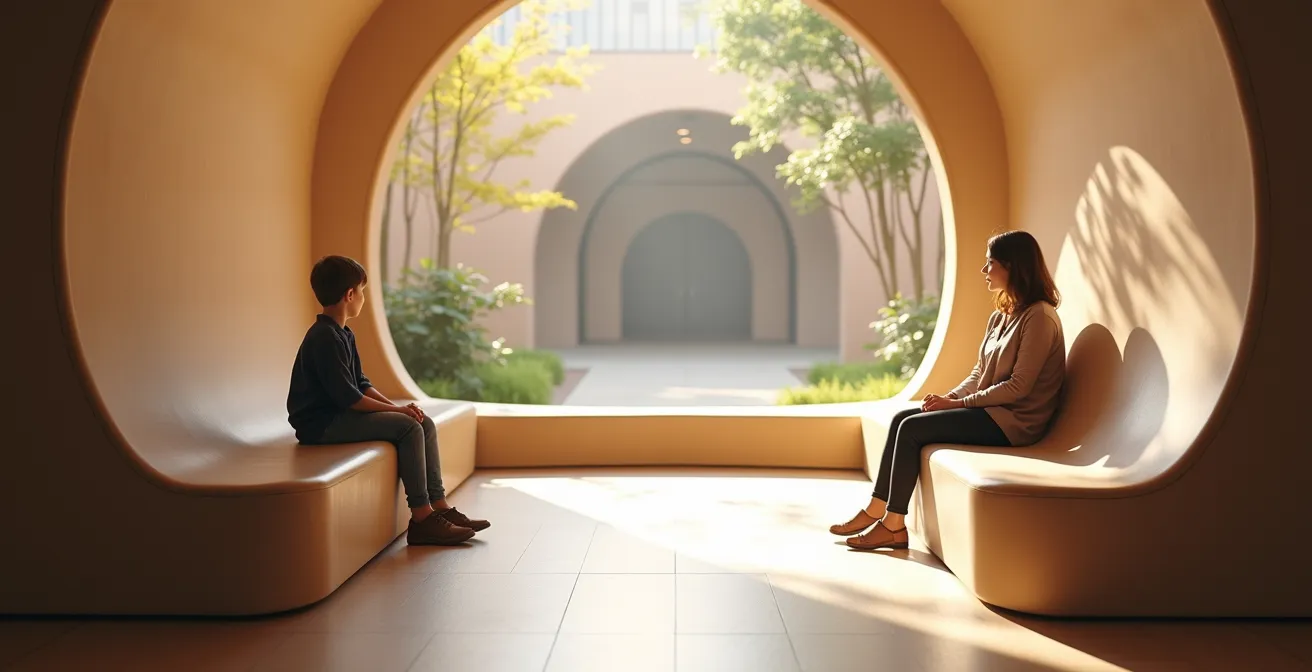 Zone de repos calme avec bancs et éclairage tamisé dans un musée d'art numérique
