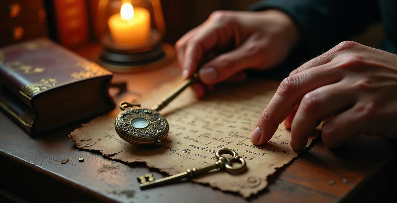 Gros plan sur des mains explorant des objets anciens sur un bureau dans un décor de théâtre immersif