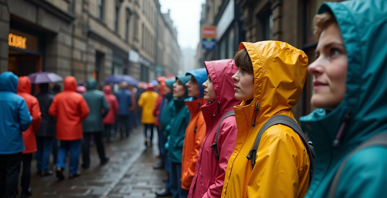 Festivaliers équipés d'imperméables colorés faisant la queue devant une salle du Fringe sous la pluie écossaise