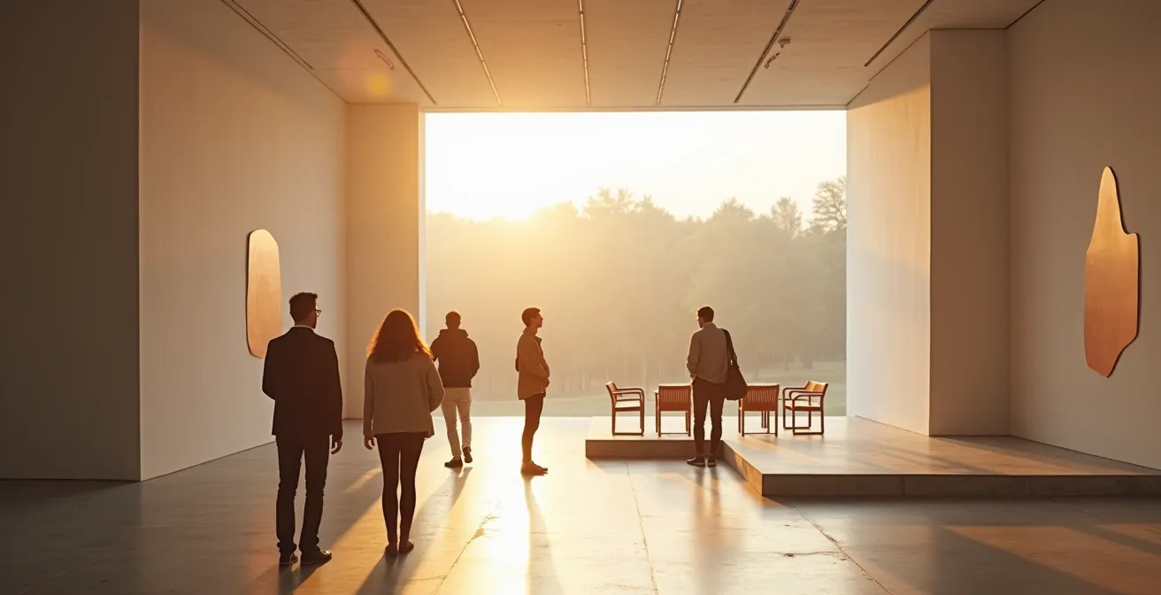 Pavillon des Giardini en fin de journée avec peu de visiteurs profitant d'une atmosphère paisible