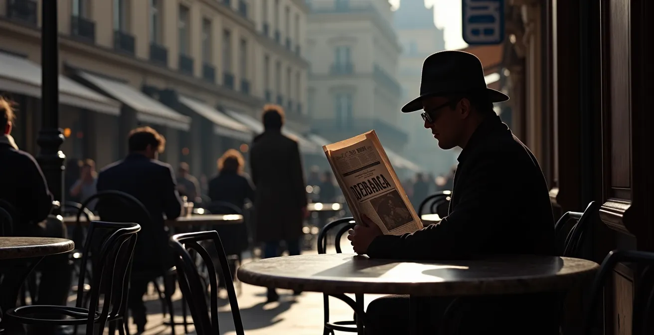 Vue d'une terrasse de café parisienne avec silhouettes anonymes en arrière-plan, symbolisant l'anonymat recherché par les célébrités.