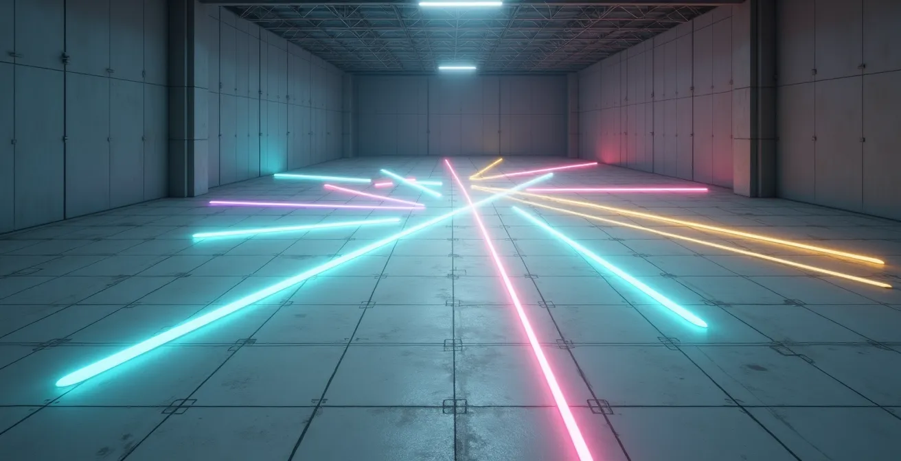 Vue aérienne d'un espace VR avec tracés lumineux des déplacements des joueurs