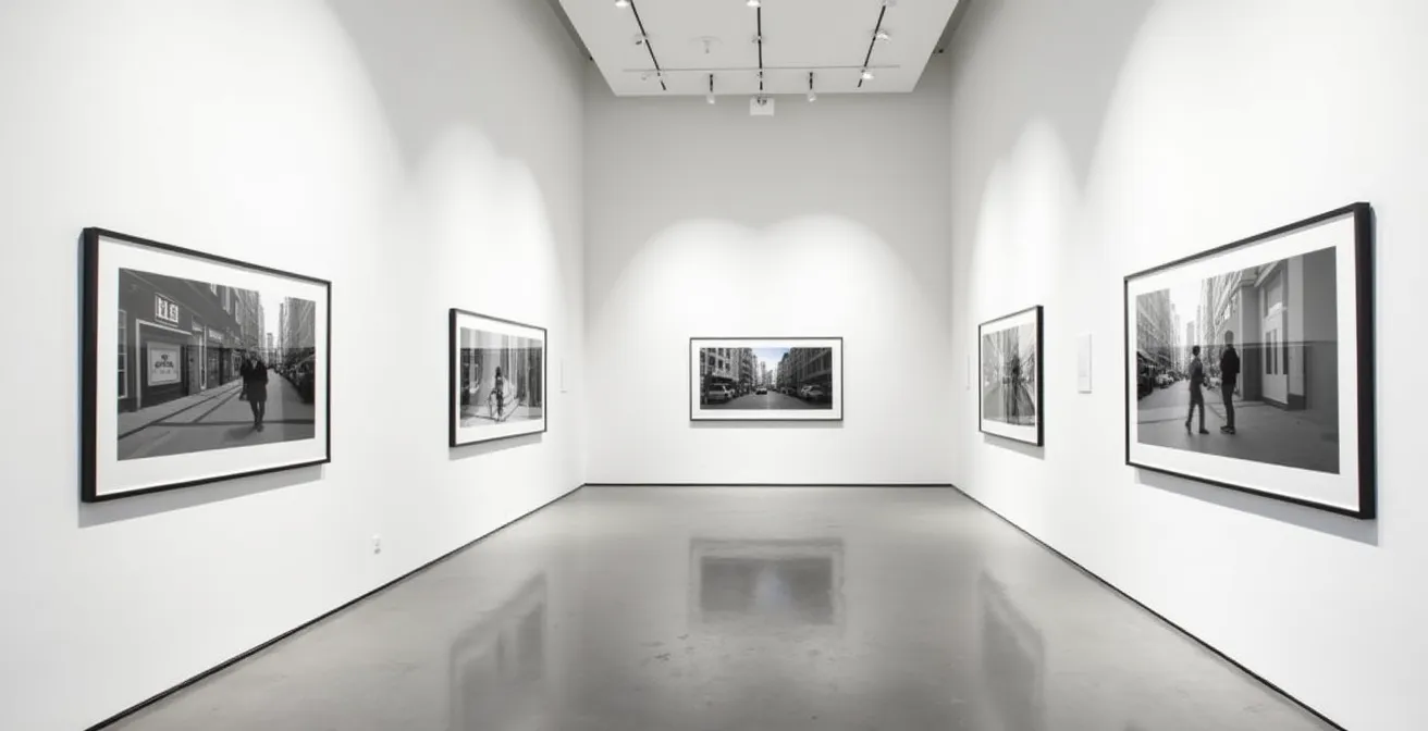 Galerie d'art moderne avec tirages photographiques encadrés sur murs blancs épurés