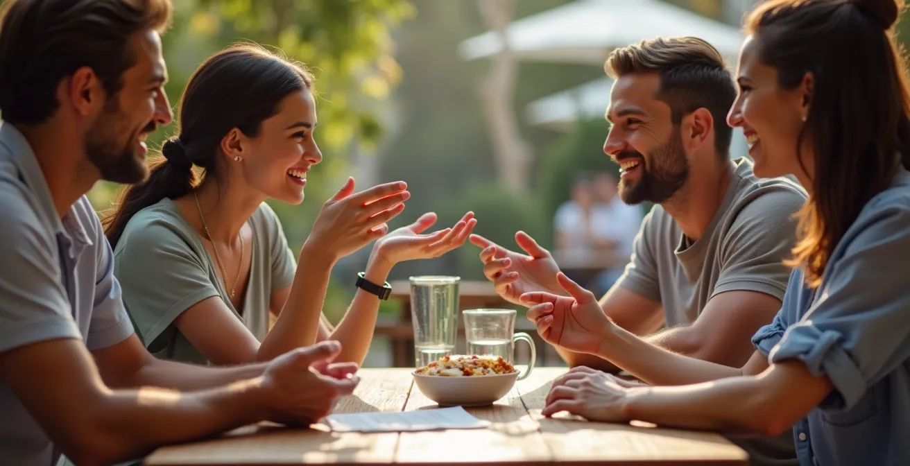 Voyageurs attentifs à leurs gestes et leur communication non verbale à la terrasse d'un café.