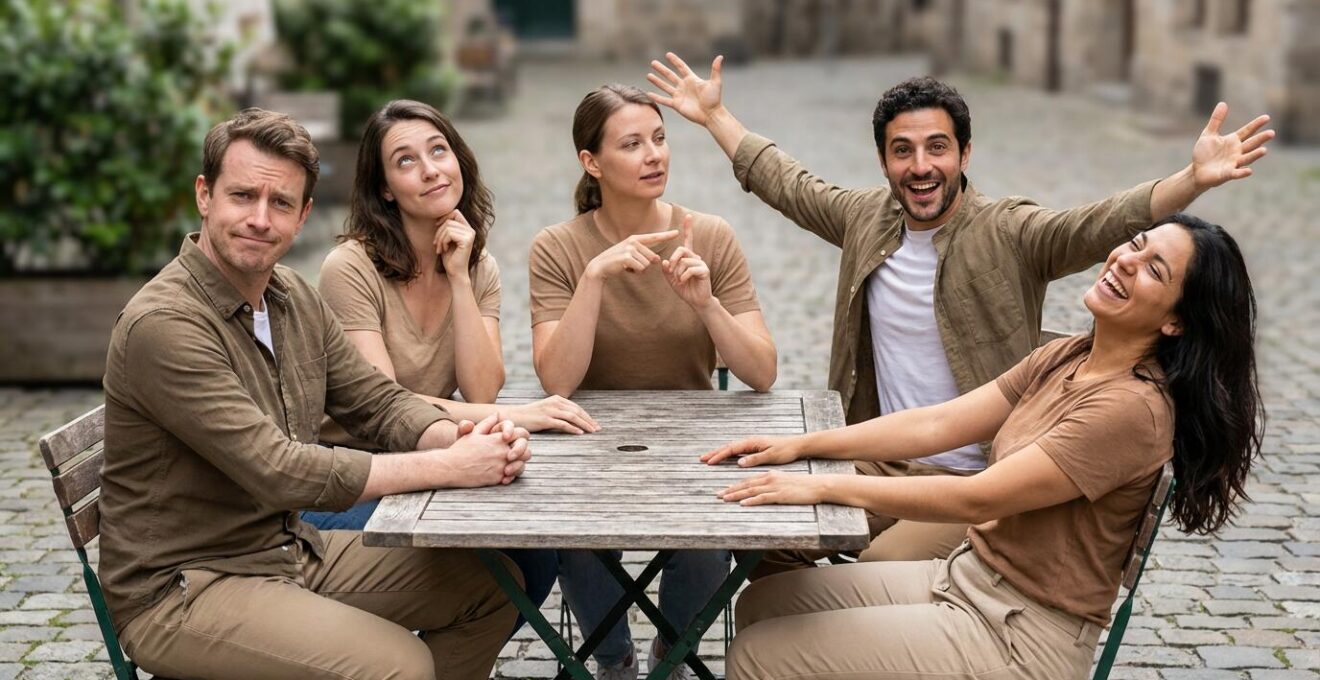 Scène montrant différents styles d'humour européen à travers les expressions faciales lors d'une conversation de groupe