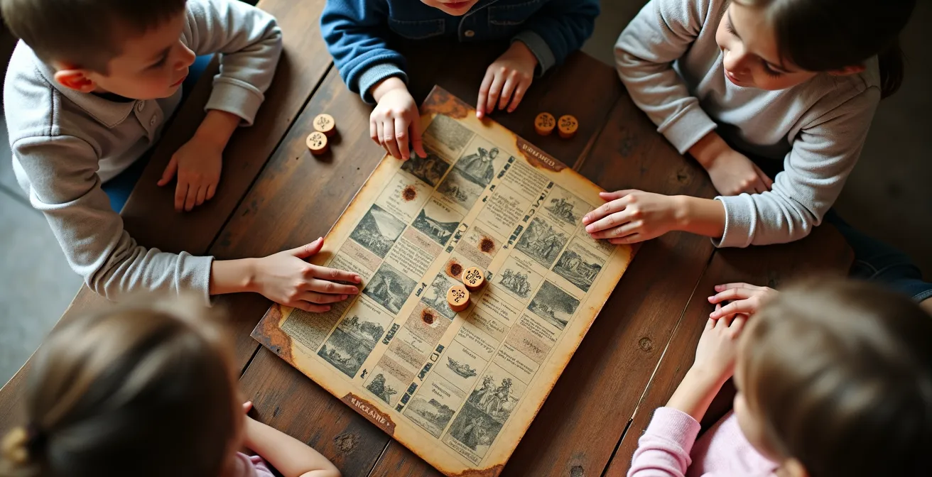 Vue plongeante d'enfants jouant avec un jeu de l'oie historique aux illustrations révolutionnaires
