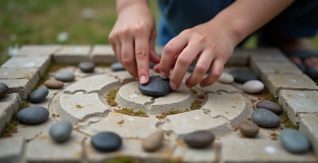 Gros plan sur des mains d'enfant plaçant des galets sur un plateau de mérelle gravé dans la pierre