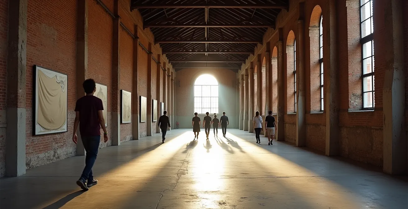 Perspective du long couloir linéaire de l'Arsenale avec visiteurs contemplant les installations artistiques