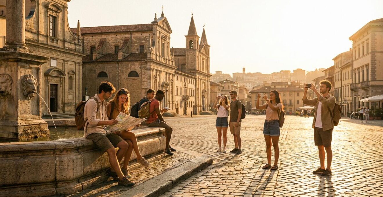 Voyageurs explorant une place européenne historique au coucher du soleil avec architecture classique et atmosphère authentique