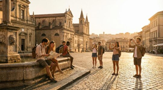 Voyageurs explorant une place européenne historique au coucher du soleil avec architecture classique et atmosphère authentique