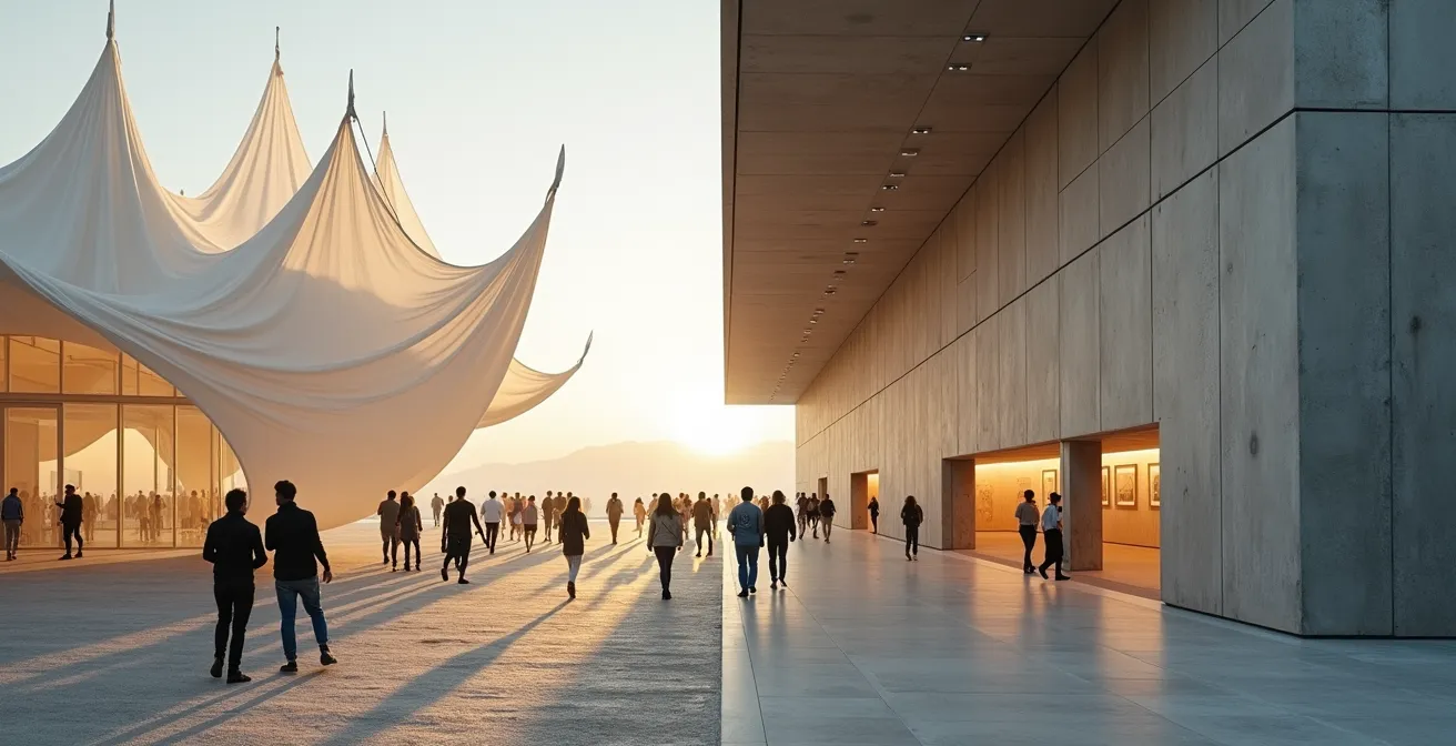 Contraste entre structure éphémère ouverte et musée monumental fermé