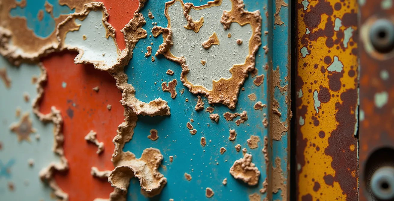 Vue macro de textures urbaines superposées créant une saturation visuelle abstraite