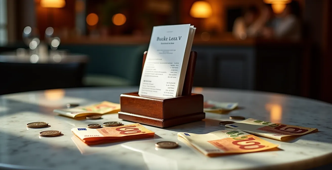 Illustration montrant les différentes pratiques de pourboire en Europe à travers des arrangements de monnaie sur une table de restaurant.