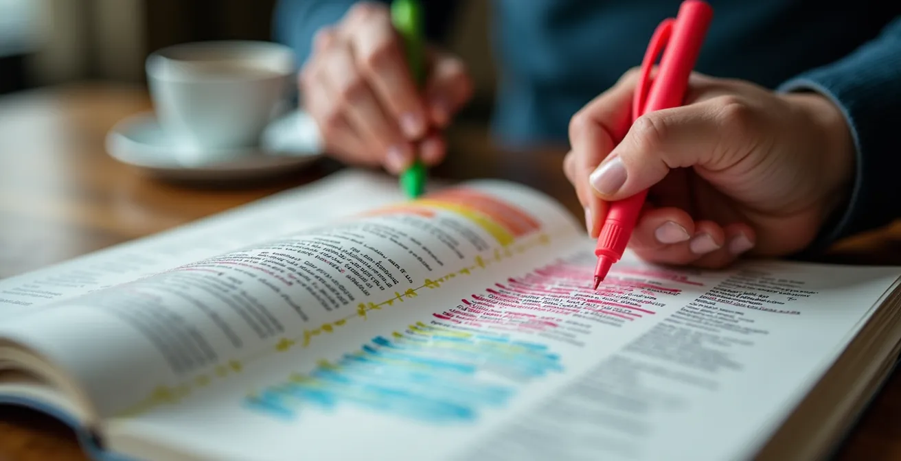 Gros plan sur les mains d'un festivalier annotant le programme épais du Fringe avec des marqueurs colorés
