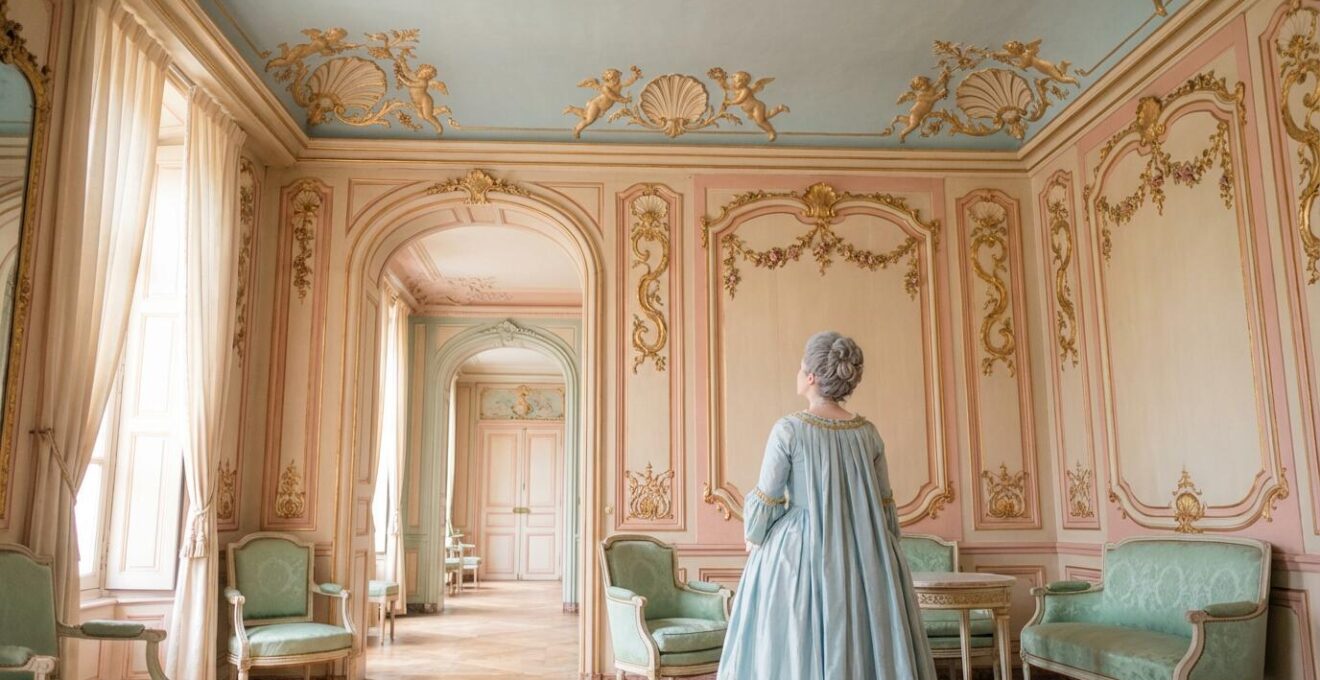 Intérieur d'un salon rococo avec décoration asymétrique et couleurs pastel