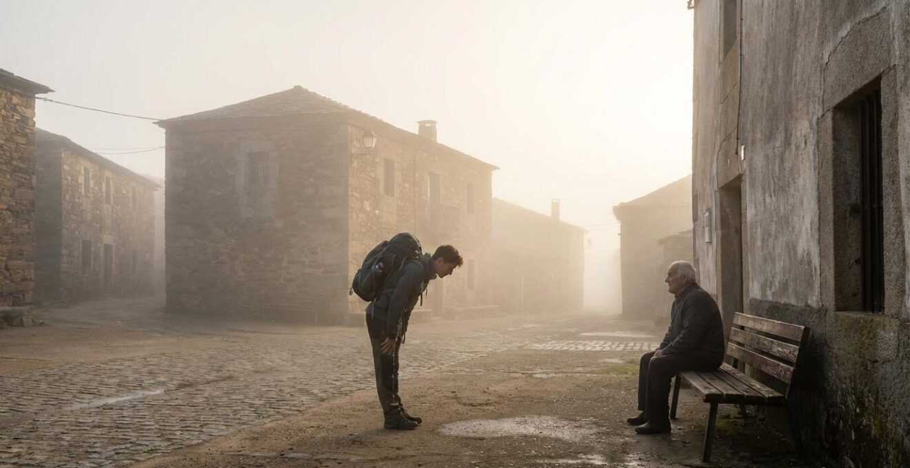 Jeune voyageur saluant respectueusement un aîné dans un village rural