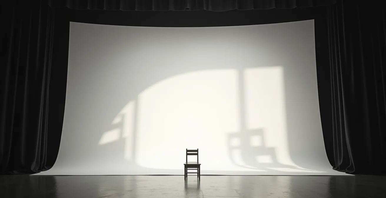 Scène minimaliste avec projections d'ombres d'archives sur fond blanc