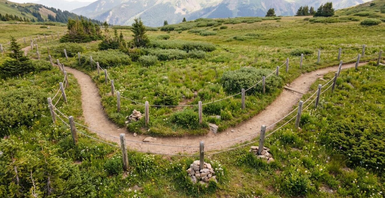 Vue aérienne d'un sentier de montagne avec zones de régénération végétale protégées