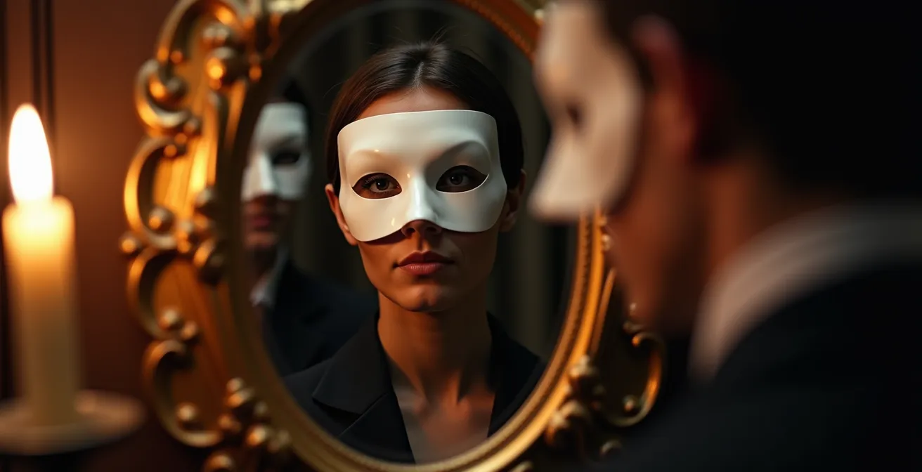 Portrait rapproché d'un spectateur portant un masque blanc vénitien se reflétant dans un miroir ancien