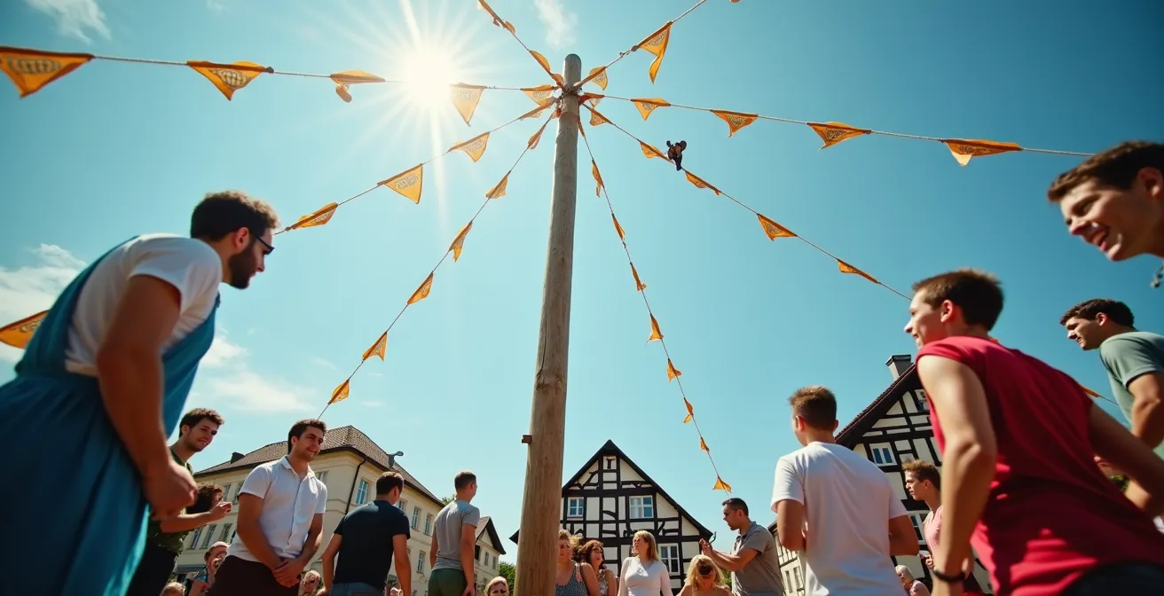 Cercle de spectateurs encourageant un participant grimpant au mât de cocagne dans une fête bavaroise